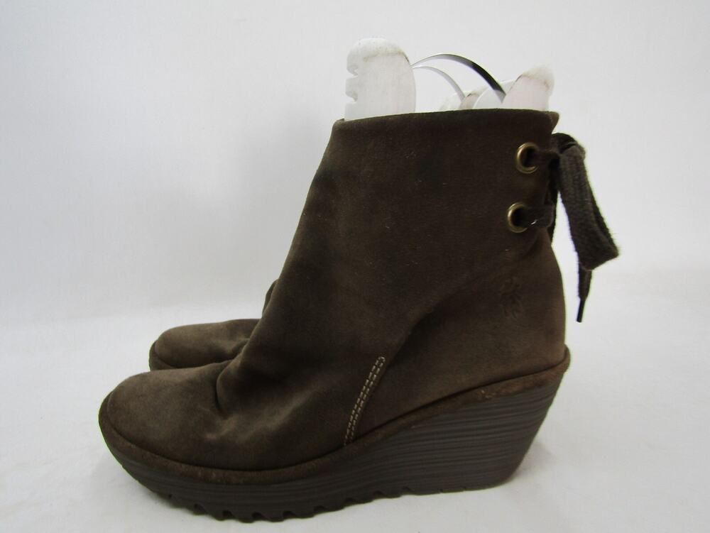FLY LONDON Womens Sz 41 EUR Brown Suede Wedge Lace Up Ankle Fashion Boots Bootie
